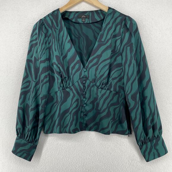 J.CREW Blouse 4 Deep V-Neck Zebra Striped Satin Button Front Long Sleeve Green - Picture 1 of 13